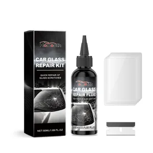 Professional car glass repair kit with 50ml nano repair fluid, curing films and scraper