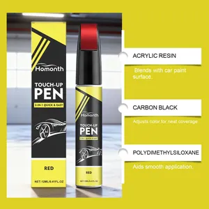 Detail view of red car touch-up pen highlighting repair ingredients and surface blending.