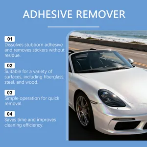 Multi-purpose car adhesive remover spray features guide with a shiny white vehicle.