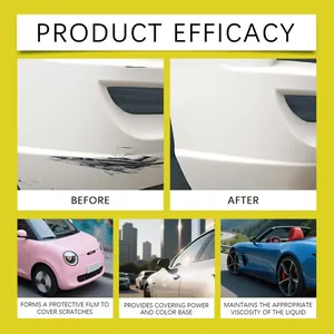 Car scratch repair pen efficacy showing before and after results on white vehicle bumper.