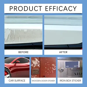 Before and after car adhesive remover spray results on metal and wood surfaces