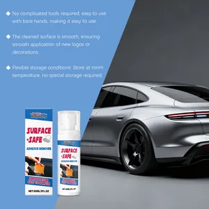 Close-up of RAYHONG car adhesive remover spray with features and automotive background.