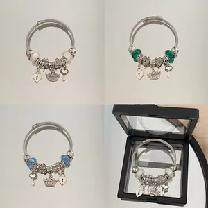 Stainless Steel Heart Crown Charm Bangle Bracelet For Women Sweet DIY Beaded Open Cuff Bracelet With Gift Box Jewelry