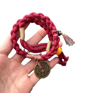 Handmade Red Woven Bracelet with Traditional Chinese Mountain Ghost Coin Charm