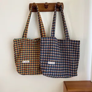 Autumn winter houndstooth woolen tote bag large capacity casual shoulder handbag for women stylish
