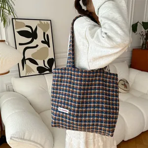 Autumn winter brown houndstooth tweed tote bag for women large capacity shoulder handbag