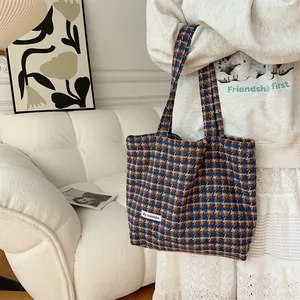 Autumn winter brown blue houndstooth woolen tote bag large capacity shoulder handbag