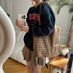 Autumn winter houndstooth woolen tote bag large capacity brown shoulder bag for women