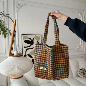 Autumn winter women retro plaid wool casual tote bag brown large capacity shoulder handbag