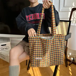 Autumn winter houndstooth wool tote bag large capacity casual shoulder handbag for women
