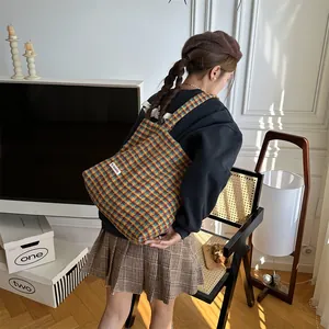 Stylish houndstooth woolen shoulder tote bag for women, perfect autumn winter large capacity brown.