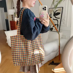 Autumn winter retro houndstooth wool tote bag, versatile brown large capacity shoulder bag for women.