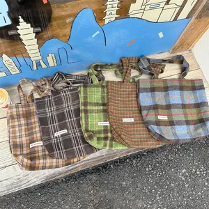 Vintage woolen plaid tote bag for women, large capacity casual shoulder bag for autumn winter.