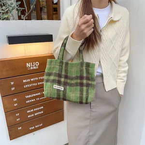 Retro plaid wool handbag for women, vintage autumn winter top handle tote bag casual style.