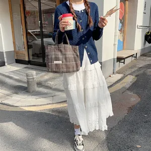 Minimalist vintage plaid wool tote bag for women, stylish autumn winter casual handbag.