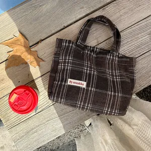 Retro plaid woolen tote bag for women, stylish autumn winter small handbag with fabric label.