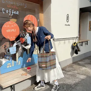 Retro woolen plaid tote bag for women, large capacity shoulder bag, casual autumn winter style.