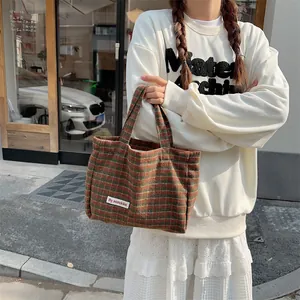 Vintage plaid tweed handbag for women, casual autumn winter tote bag with dual top handles.