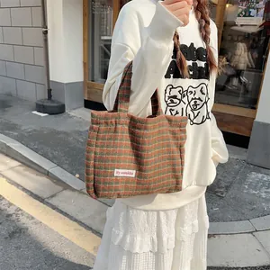 Retro plaid wool handbag for women, casual autumn winter tote bag with top handles, chic style.