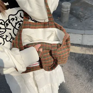 Retro plaid wool handbag for women, vintage style tote bag with inner pockets, autumn winter.