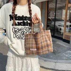 Retro plaid wool tote bag for women, cozy autumn winter handbag with double handles.