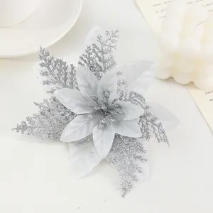 Silver glitter Christmas flower head artificial poinsettia decoration for holiday party craft.