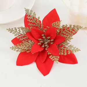 Christmas red glitter poinsettia flower head double layer holiday party home decoration