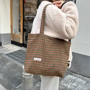 Autumn winter retro wool plaid tote bag for women large capacity shoulder bag casual handbag.