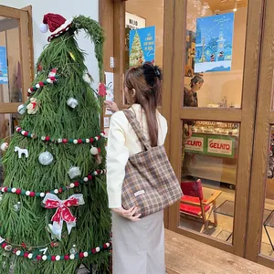 Retro plaid wool tote bag for women, large capacity winter autumn shoulder bag.