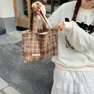 Retro plaid woolen handbag for women, casual autumn winter tote bag with top handle.
