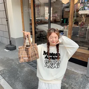 Retro plaid woolen handbag for women, chic autumn winter casual top handle tote bag.
