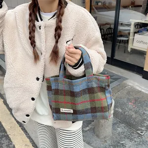 Retro plaid woolen handbag for women, vintage autumn winter tote bag with top handle.