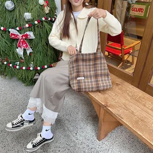 Vintage plaid woolen tote bag, large capacity shoulder bag for women autumn winter use.