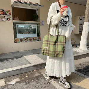 Vintage green plaid wool tote bag for women, large capacity casual shoulder handbag.