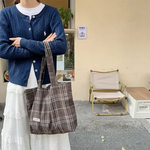Vintage wool plaid tote bag for women, large capacity casual shoulder bag autumn winter.
