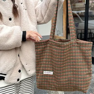 Vintage woolen plaid tote bag for women, large capacity casual shoulder bag autumn winter