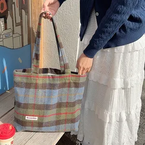 Autumn Winter plaid woolen tote bag, vintage large capacity shoulder bag for women.