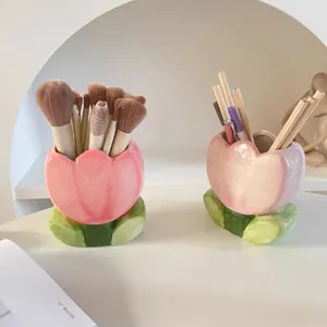 Tulip ceramic storage bucket makeup brush holder cute desktop pen organizer home decor
