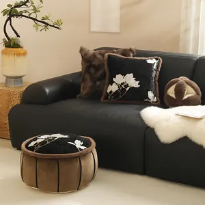 Chinese style magnolia embroidery round pouf cushion and decorative sofa pillow set for home.