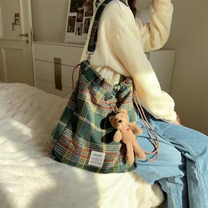 Sac à dos cordon en laine à carreaux style coréen grande capacité bandoulière femme