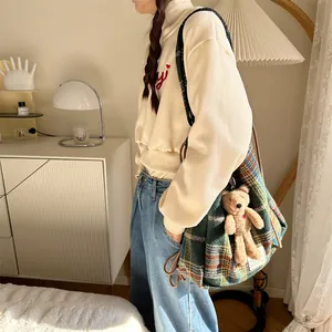 Sac à bandoulière à cordon à carreaux en laine style coréen, grand sac pour femmes.