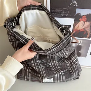 Sac à dos en toile à carreaux marron style coréen grand sac à bandoulière décontracté femme