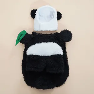 Detailed view of the cute panda pet costume with soft plush fabric and matching leaf prop.