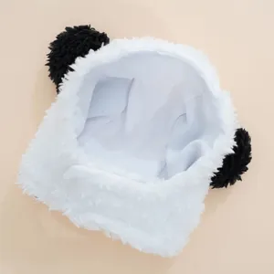 Detailed close-up view of fluffy white pet hat with cute black ears for cats and dogs.
