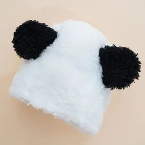 Cute panda pet hat close-up detail, fluffy plush material, funny dog cat costume accessory