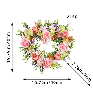 Heart-shaped artificial rose flower wreath with eucalyptus leaves for home decor party.