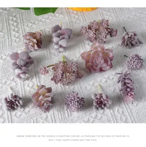 Detailed macro view of assorted purple flocked artificial succulent plants for home decor