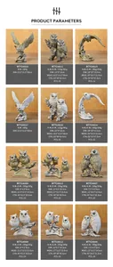 Detailed product parameters and dimensions for multiple retro owl resin craft figurines