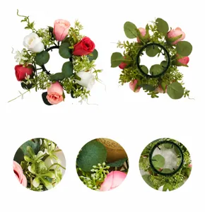 Artificial eucalyptus rose candle ring wreath floral table centerpiece decoration 23cm