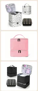 Double layer professional nail polish organizer bag portable makeup case with sponge holder.